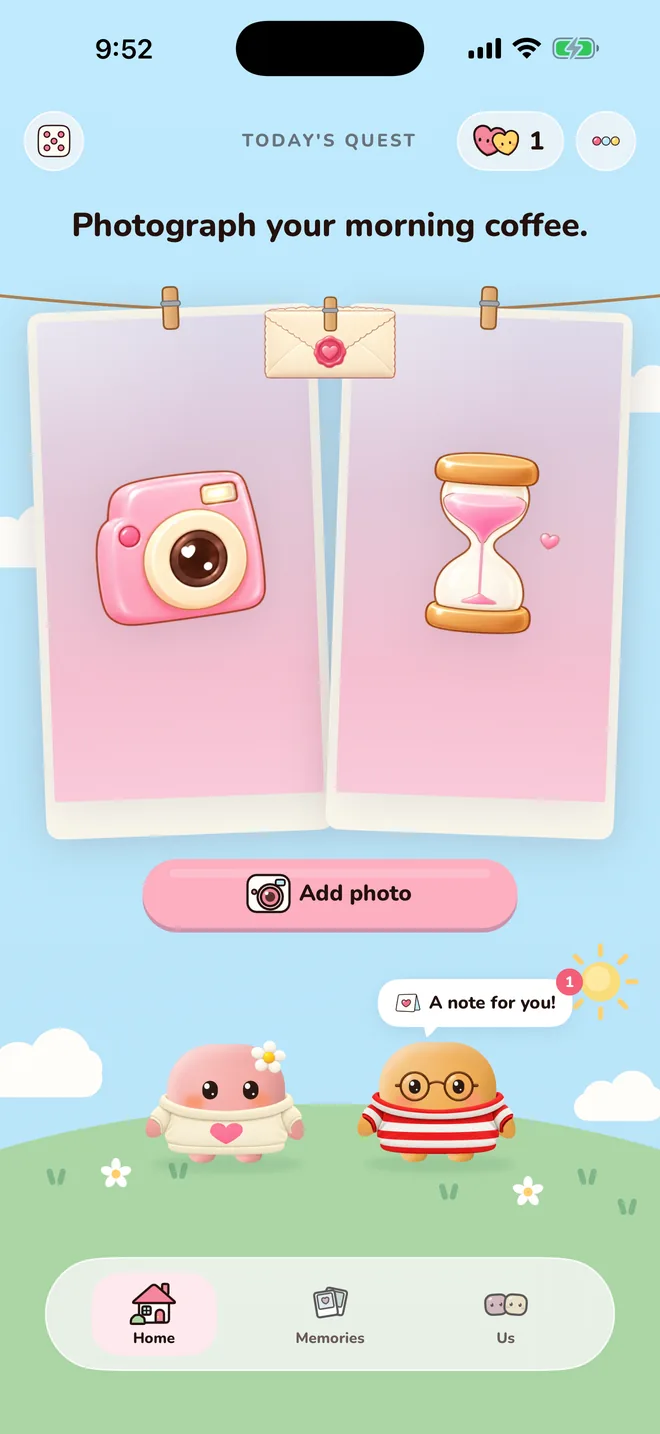 Home before anyone has answered: today's quest at the top and two blank prints on the twine, a little camera on yours and an hourglass on theirs.