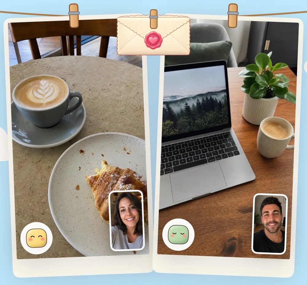Two prints pegged to a twine in the app: her morning coffee with a croissant and her selfie, his coffee beside a laptop with his selfie, and a sealed envelope pegged between them.