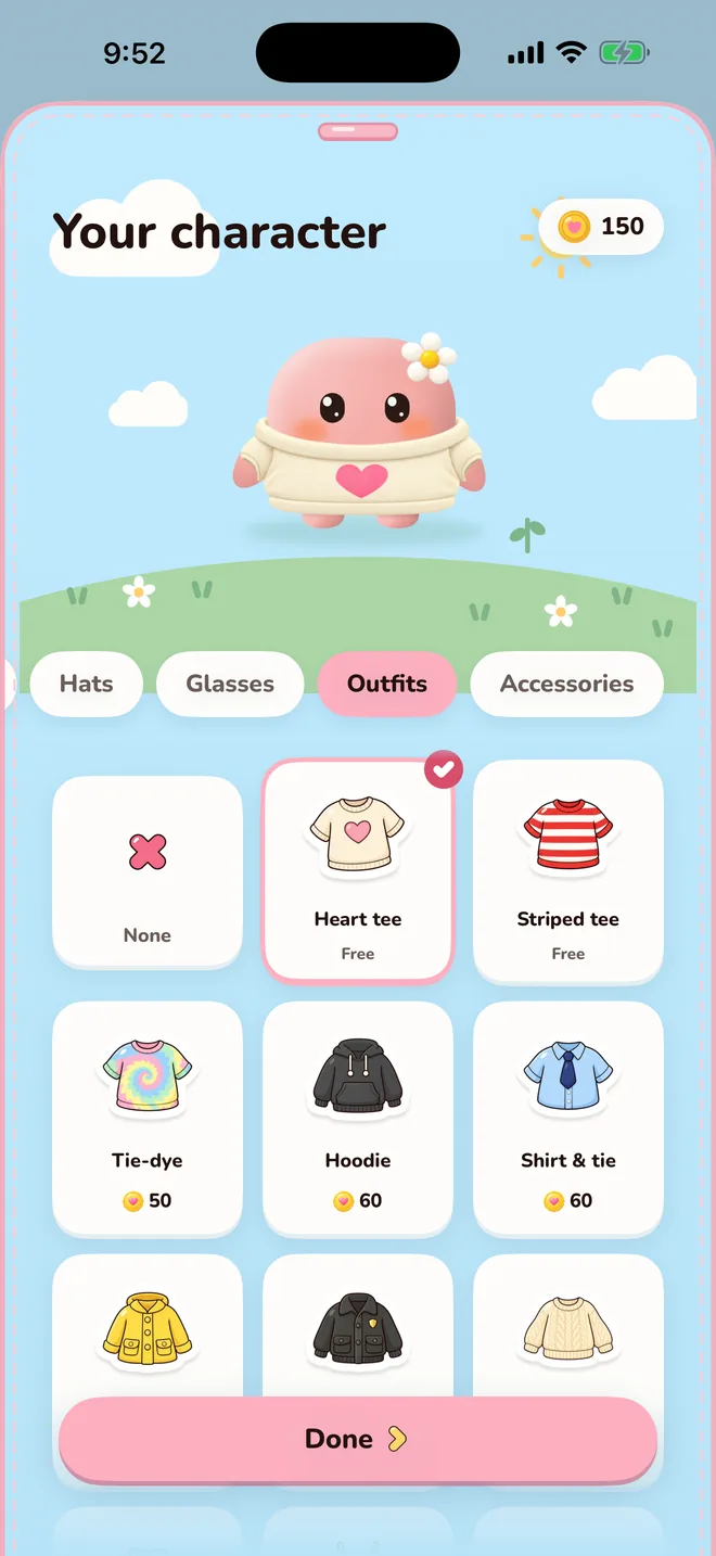 The wardrobe: your character in a heart tee on the hill, with tabs for hats, glasses, shirts and accessories, and a grid of pieces with their coin prices.